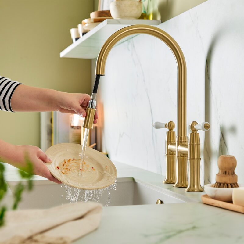Clearwater Elegance Bridge Pull-Out Kitchen Sink Mixer Tap Brushed Brass