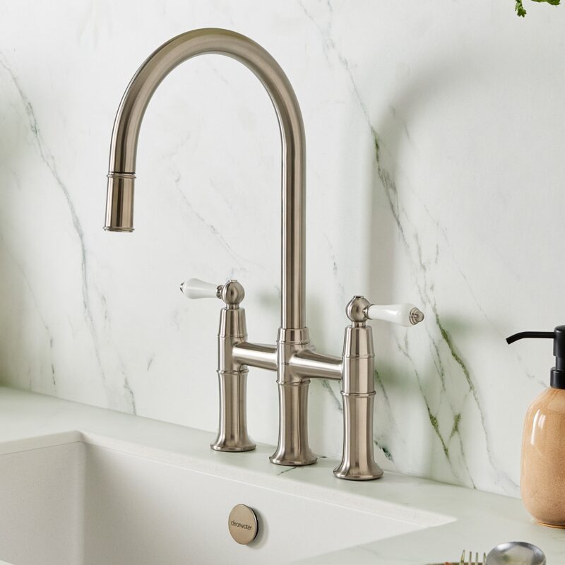 Clearwater Elegance Bridge Pull-Out Kitchen Sink Mixer Tap Brushed Nickel