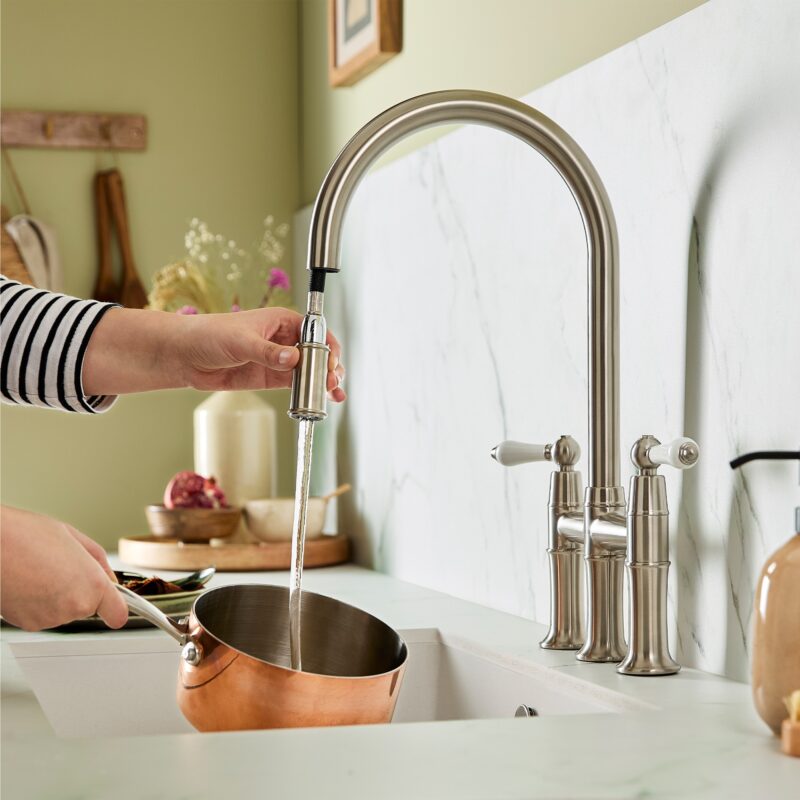 Clearwater Elegance Bridge Pull-Out Kitchen Sink Mixer Tap Brushed Nickel