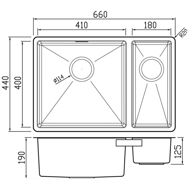 Clearwater Jazz 1.5 Bowl Undermount Steel Sink, Left Main Bowl, 660x440mm