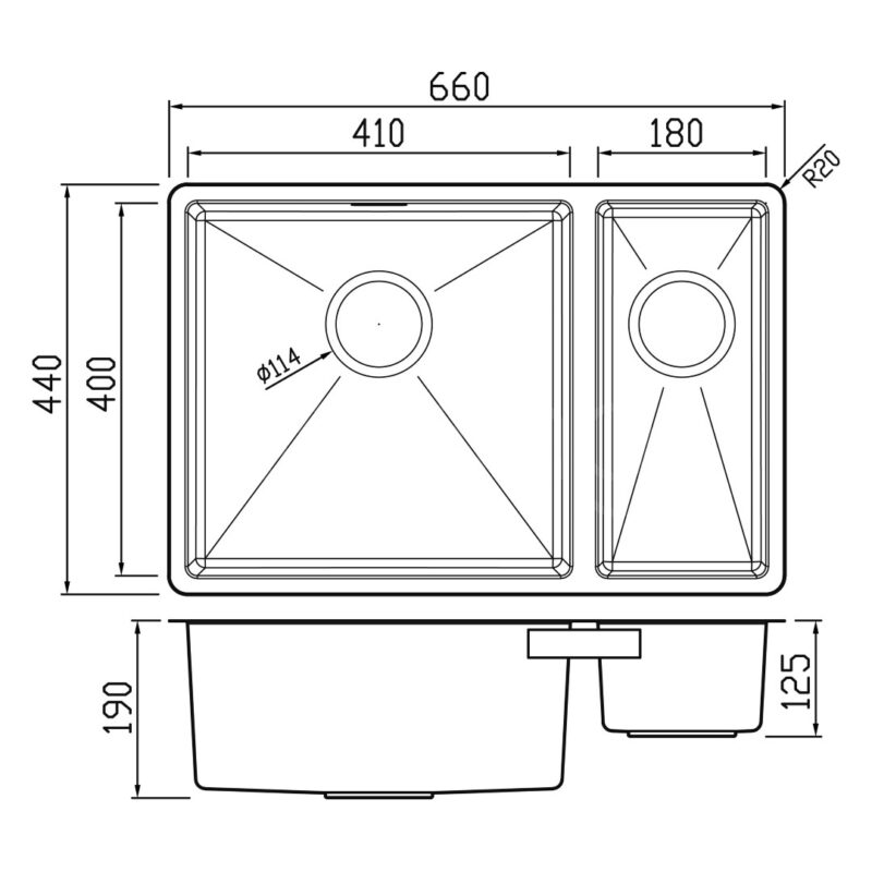 Clearwater Jazz 1.5 Bowl 660 Stainless Steel Undermount Sink, Right Main Bowl