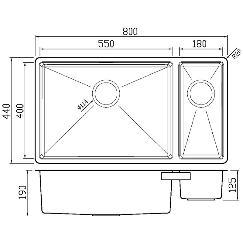 Clearwater Jazz 1.5 Bowl Undermount Steel Sink, Left Main Bowl, 800x440mm