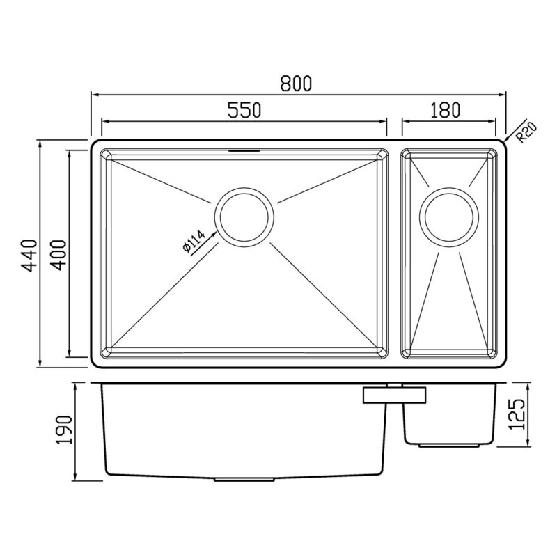 Clearwater Jazz 1.5 Bowl 800 Stainless Steel Undermount Sink, Right Main Bowl