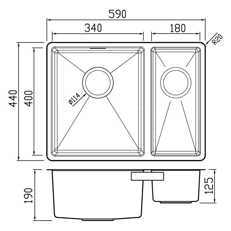 Clearwater Jazz 1.5 Bowl 590 Stainless Steel Undermount Sink, Left Main Bowl