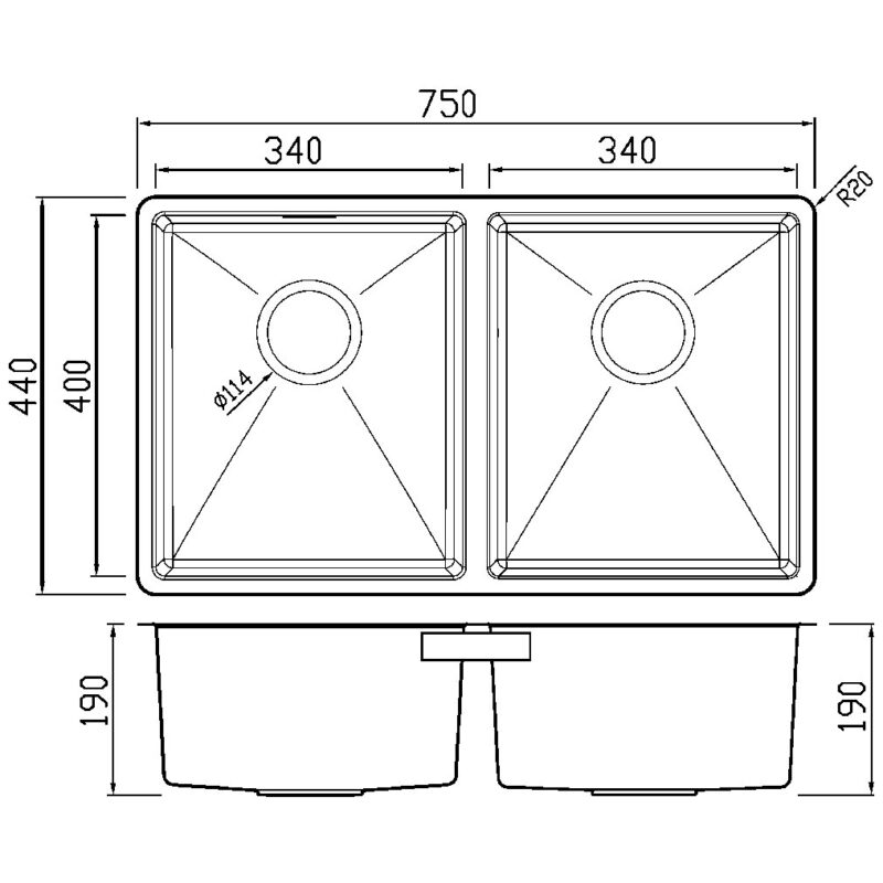 Clearwater Jazz 2 Bowl Undermount Steel Kitchen Sink 750x440mm