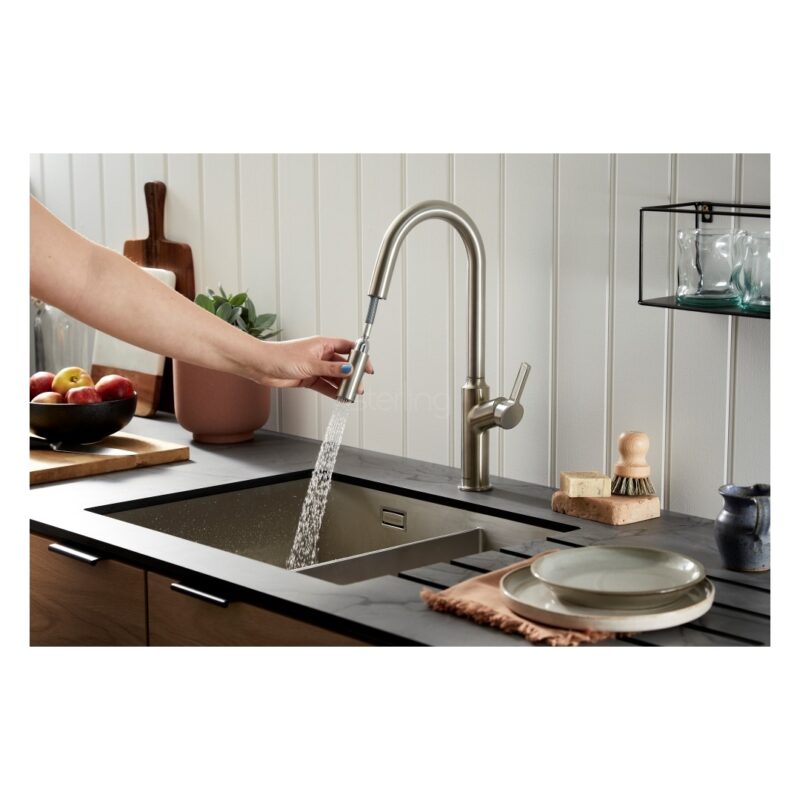 Clearwater Karuma J Spout Kitchen Sink Mixer Tap with Pull-Out Brushed Nickel