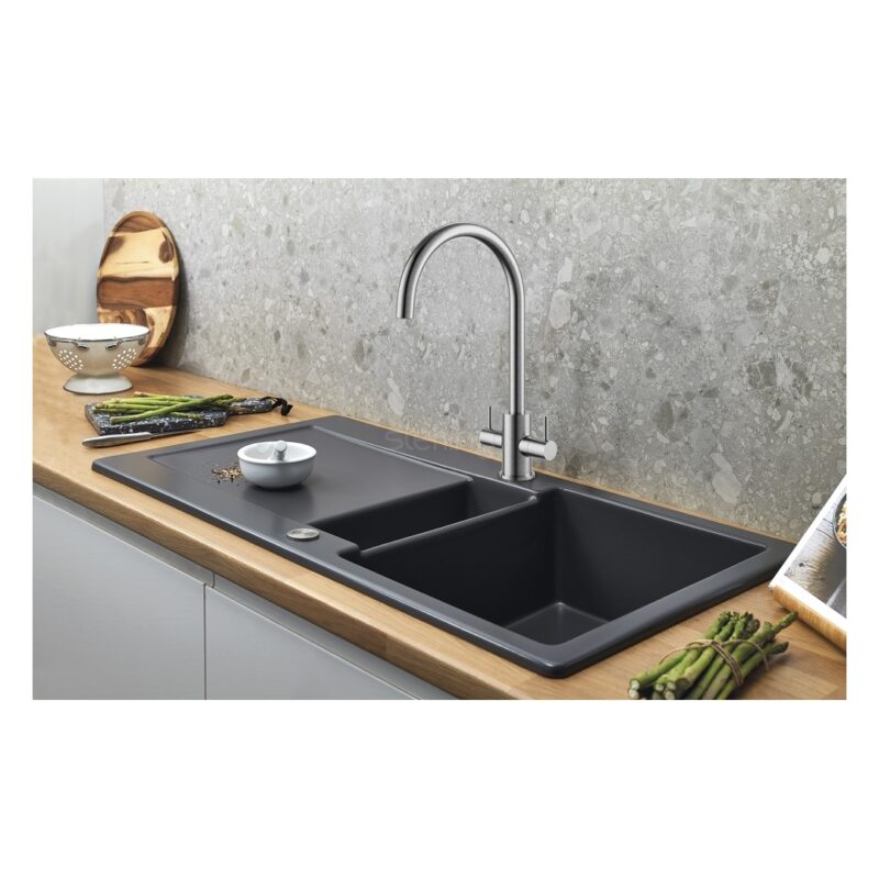 Clearwater Loreto Twin Lever Kitchen Sink Mixer Tap Brushed Nickel