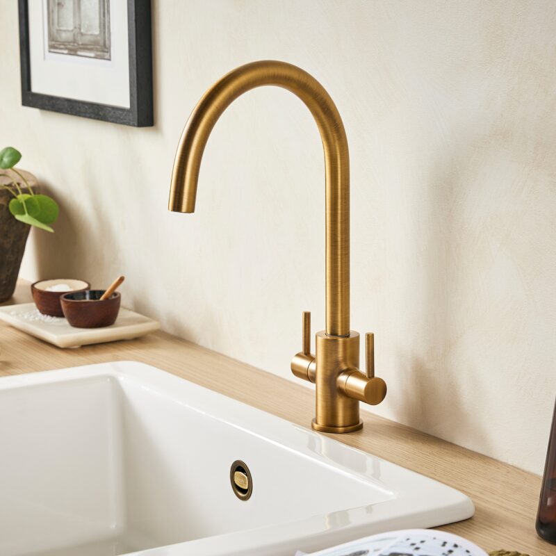 Clearwater Loreto Twin Lever Kitchen Sink Mixer Tap Patinated Brass