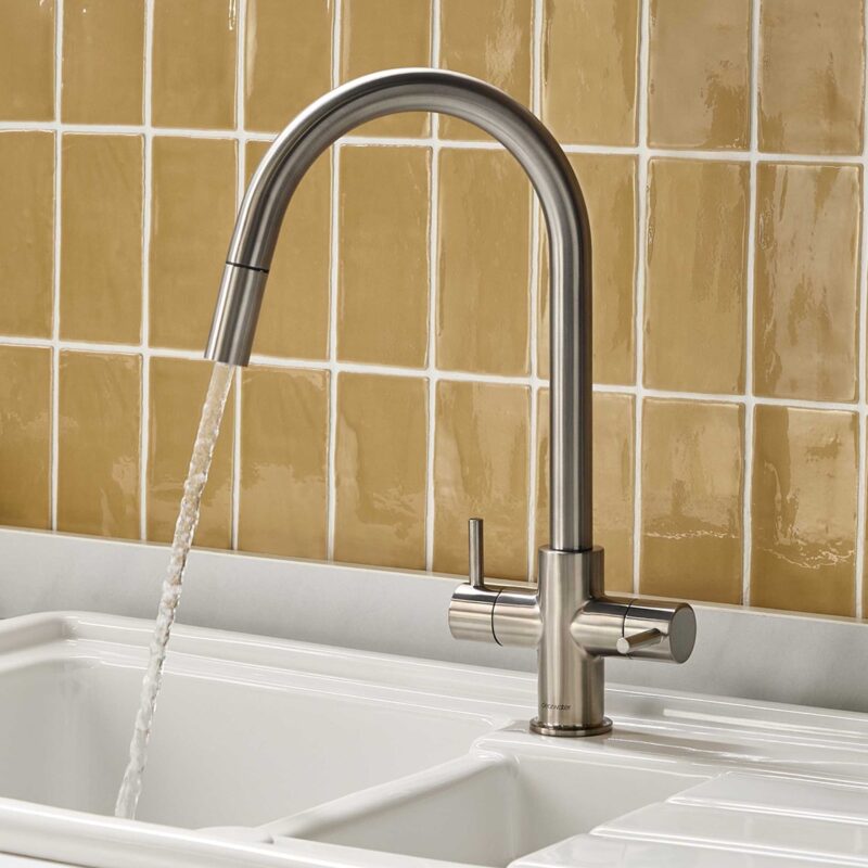 Clearwater Loreto Twin Lever Pull-Out Sink Mixer Tap Brushed Nickel
