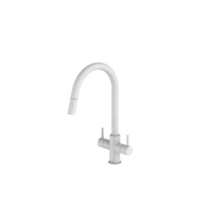Clearwater Loreto Twin Lever Pull-Out Kitchen Sink Mixer Tap Matt White