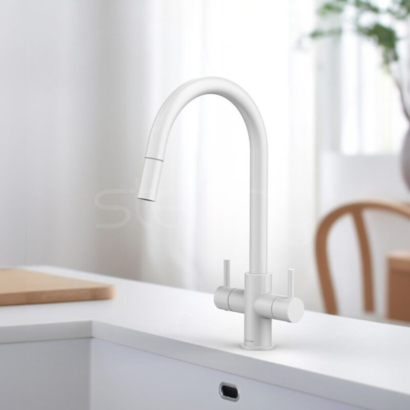 Clearwater Loreto Twin Lever Pull-Out Kitchen Sink Mixer Tap Matt White