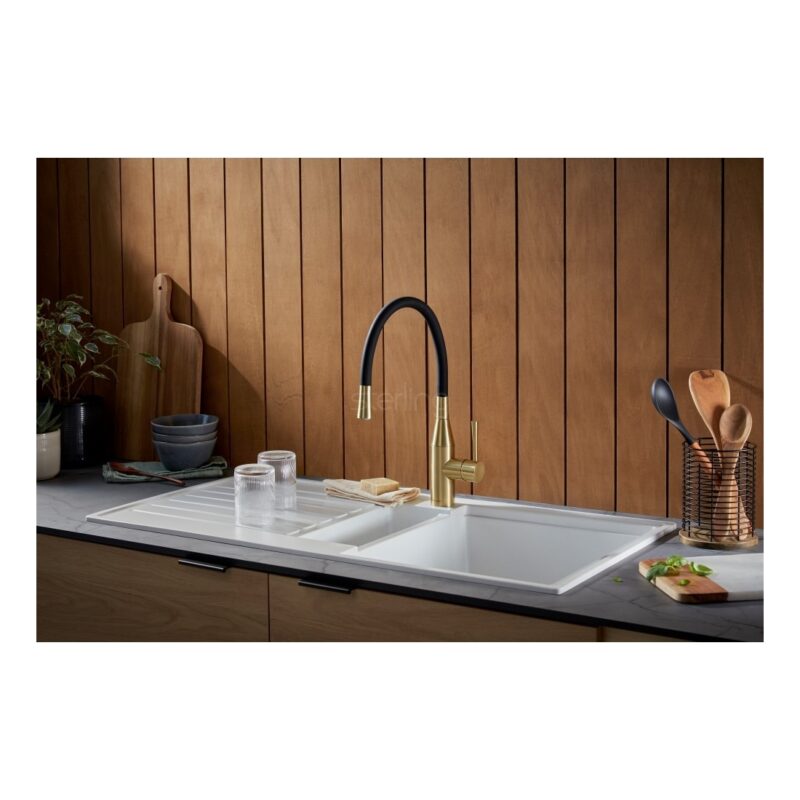 Clearwater Morpho Kitchen Sink Mixer Tap Brushed Brass/Black Hose