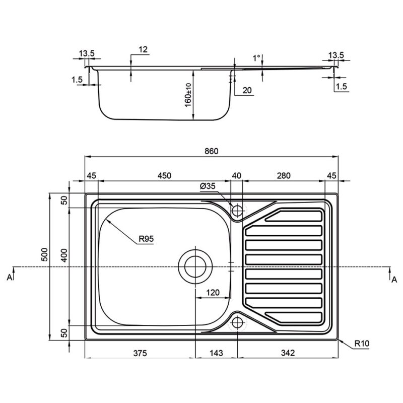 Clearwater Okio 1 Bowl Inset Steel Kitchen Sink with Drainer 860x500mm