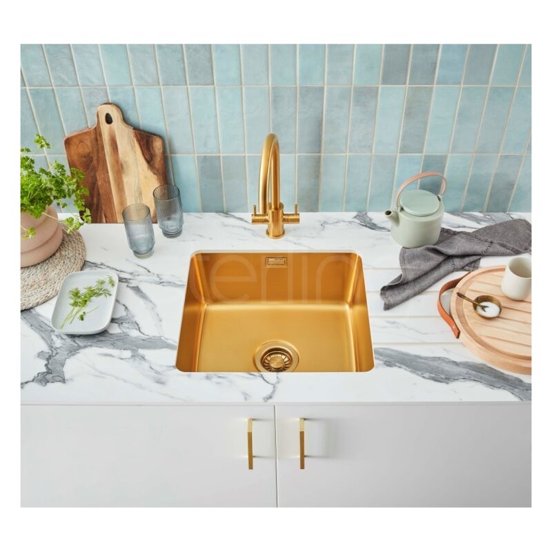 Clearwater Salsa Single Bowl 490x400mm Stainless Steel Sink, Brushed Brass