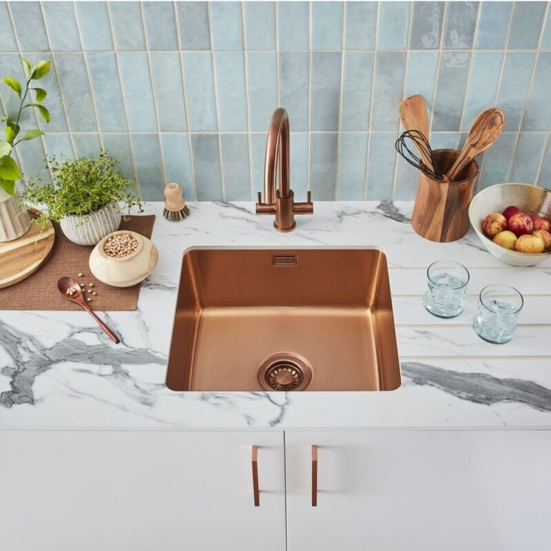 Clearwater Salsa Single Bowl 490x440mm Stainless Steel Sink, Regency Copper