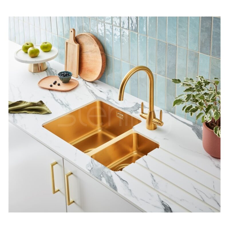 Clearwater Salsa 1.5 Bowl 600x440mm Brushed Brass Undermount Sink, Left Main