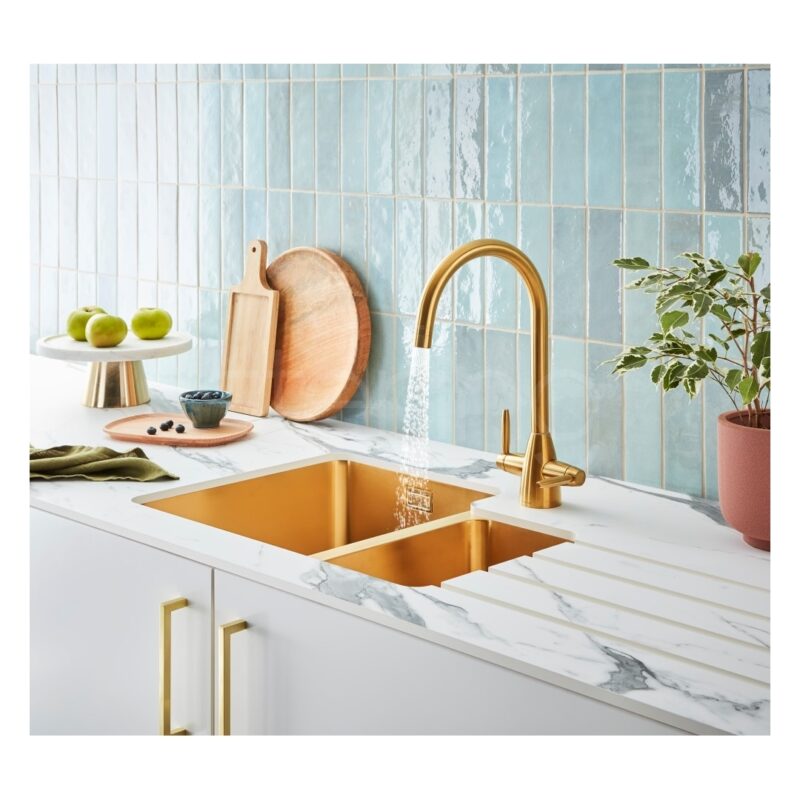 Clearwater Salsa 1.5 Bowl 600x440mm Brushed Brass Undermount Sink, Left Main