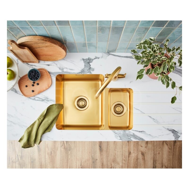 Clearwater Salsa 1.5 Bowl 600x440mm Brushed Brass Undermount Sink, Left Main