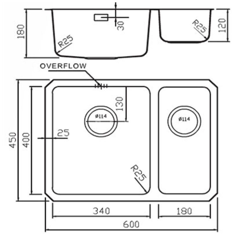 Clearwater Salsa 1.5 Bowl Undermount Sink, Left Main Bowl, 600x450mm