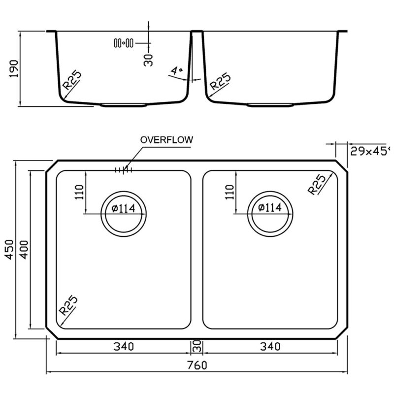 Clearwater Salsa 2 Bowl Undermount Steel Kitchen Sink 760x450mm