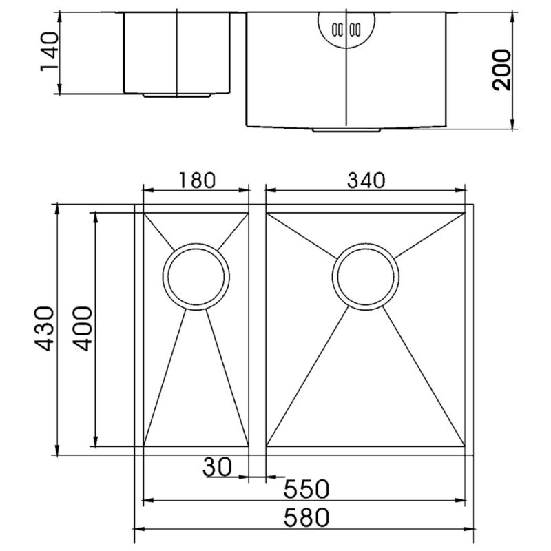 Clearwater Stark 1.5 Bowl Undermount Steel Kitchen Sink 580x430mm