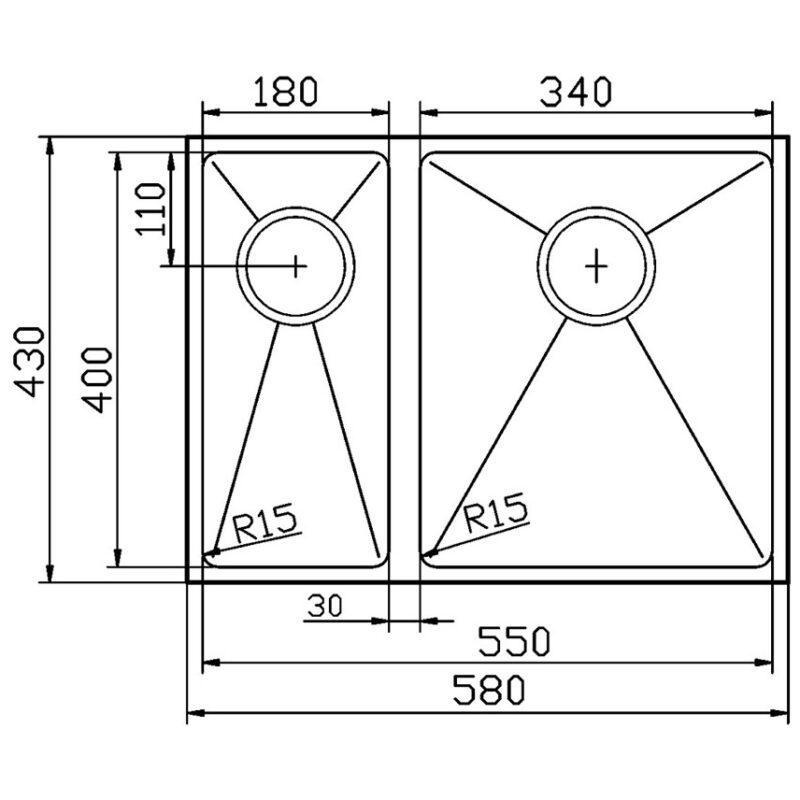 Clearwater Stereo 1.5 Bowl Undermount Steel Kitchen Sink 580x430mm