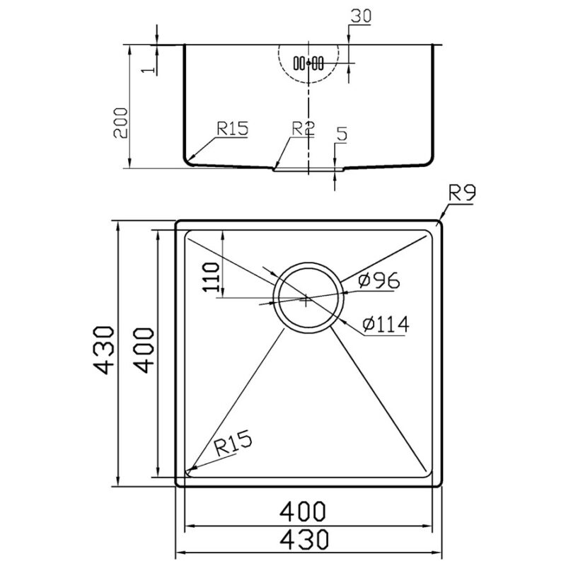 Clearwater Stereo 1 Bowl Undermount Steel Kitchen Sink 430x430mm