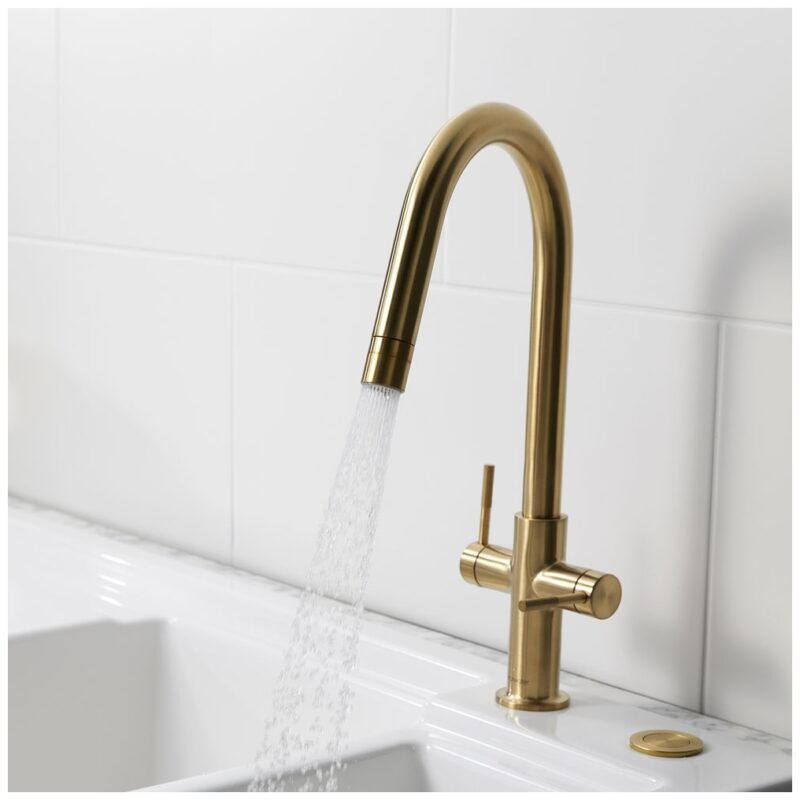 Clearwater Topaz J Twin Lever Kitchen Sink Mixer Tap Brushed Brass