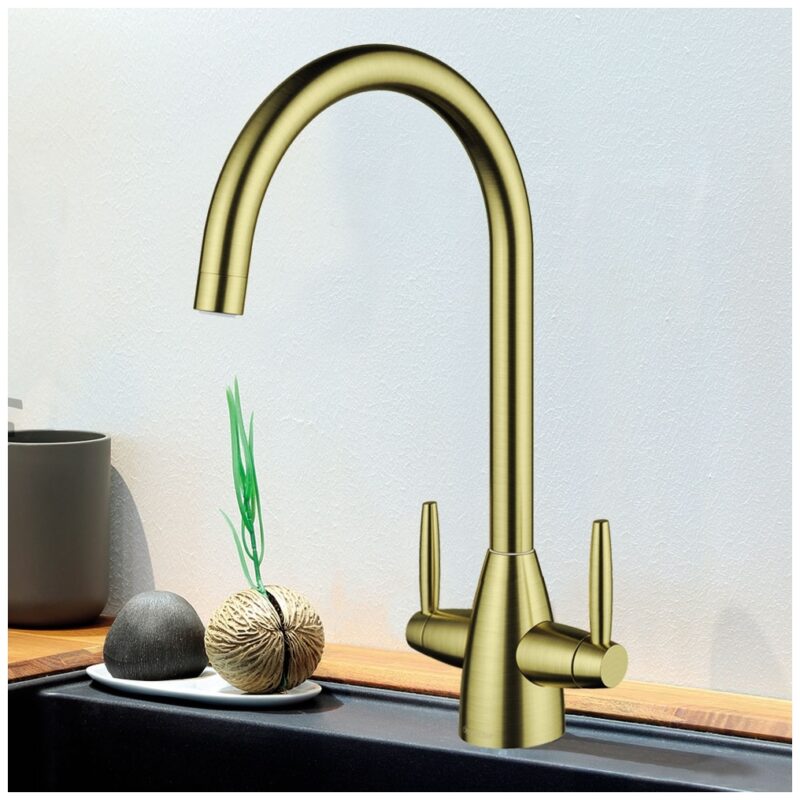 Clearwater Tutti Twin Lever Kitchen Sink Mixer Tap Artisan Brass