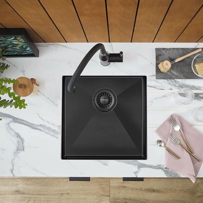 Clearwater Volta Single Bowl 400x400mm Steel Sink Matt Black