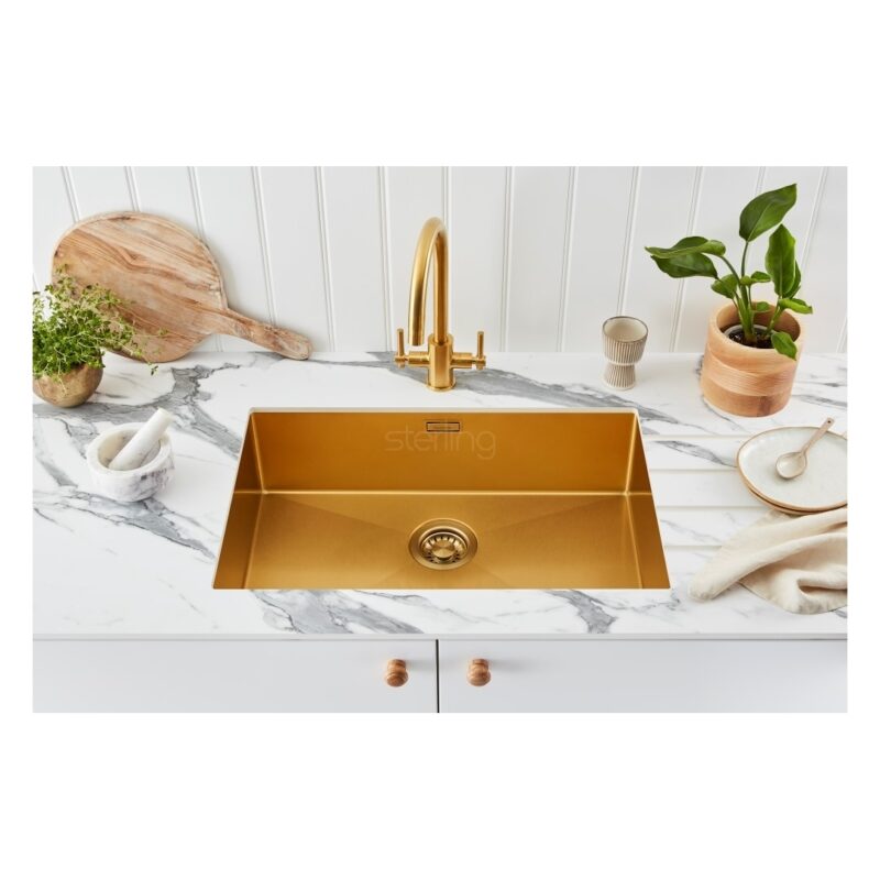 Clearwater Volta Single Bowl 650x400mm Steel Sink, Dura Brushed Brass