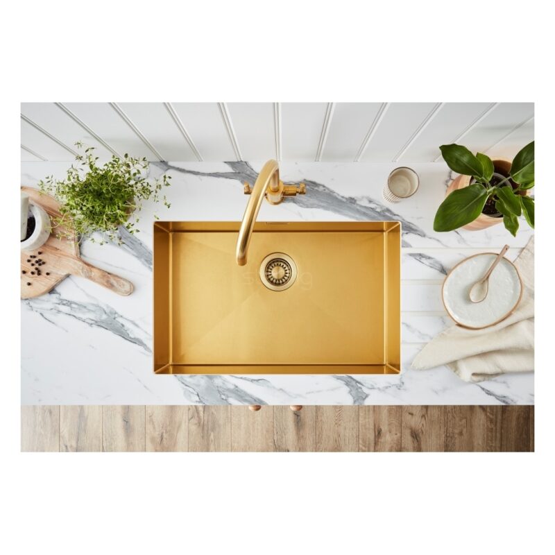 Clearwater Volta Single Bowl 650x400mm Steel Sink, Dura Brushed Brass