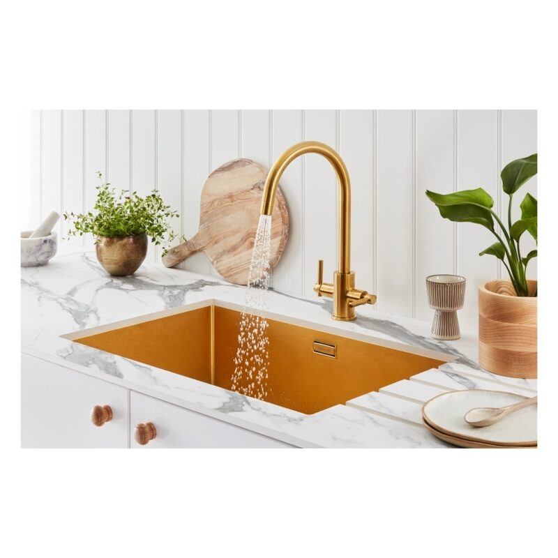 Clearwater Volta Single Bowl 650x400mm Steel Sink, Dura Brushed Brass