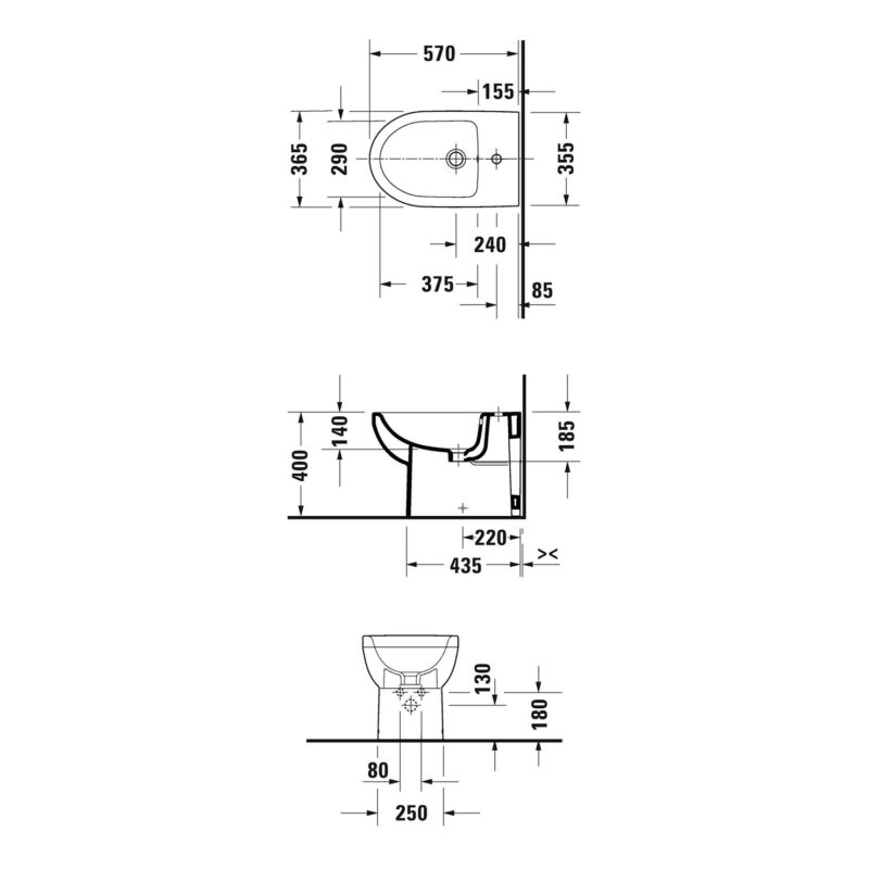 Duravit No.1 Floorstanding Bidet, 1 Taphole, 570mm Projection