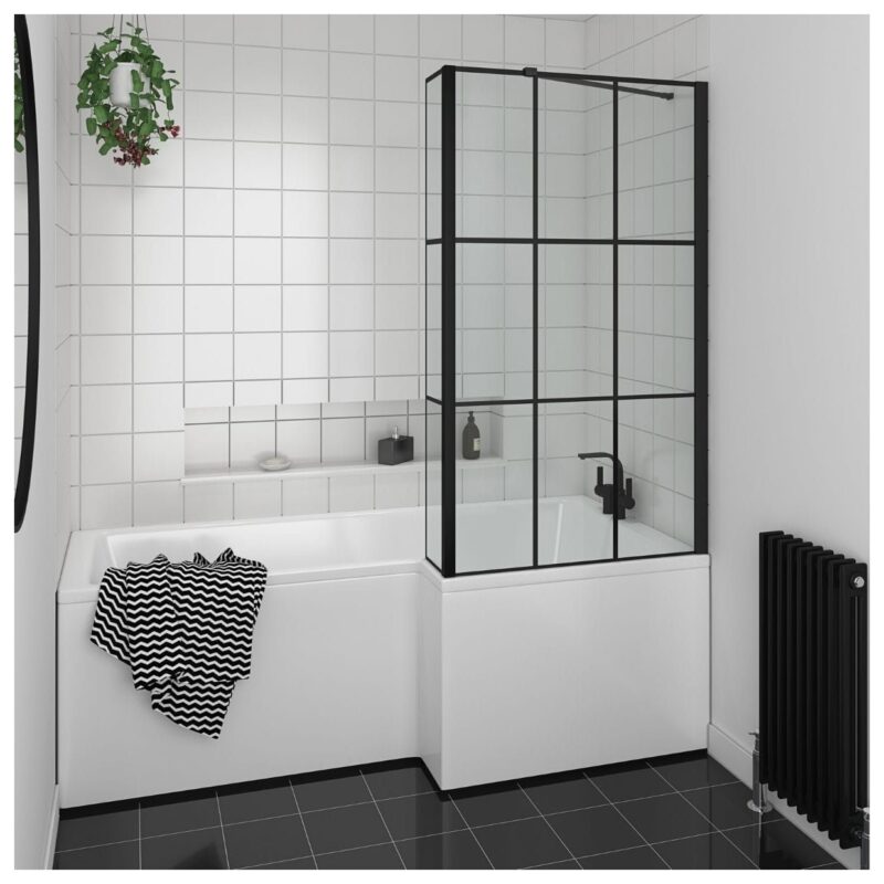 Essential Designer Matrix 1400x850mm L-Shaped Bath Screen Matt Black