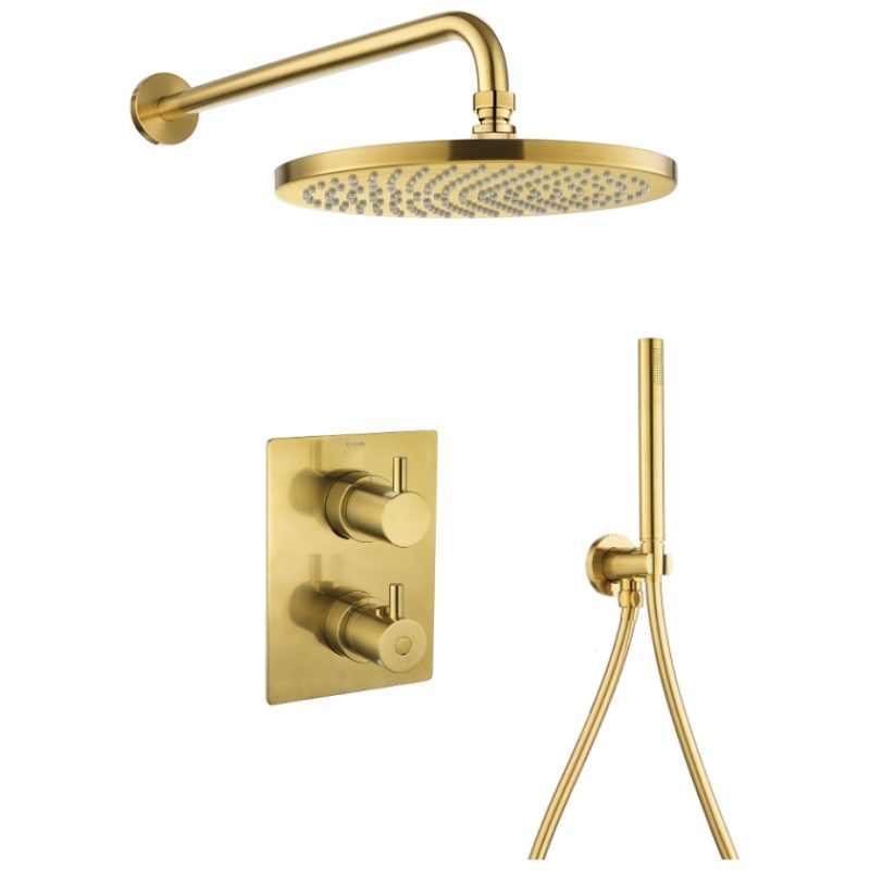 Flova Levo Thermostatic 2 Way Shower Set Square Brushed Brass