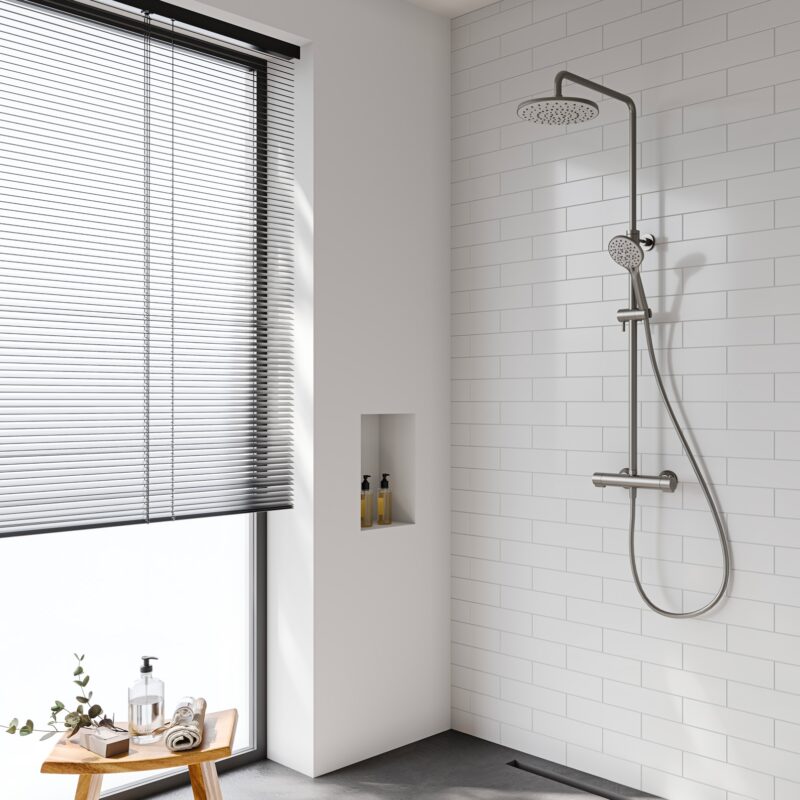 Flova Linea Thermostatic 2-Outlet Adjustable Height Shower Column Brushed Nickel