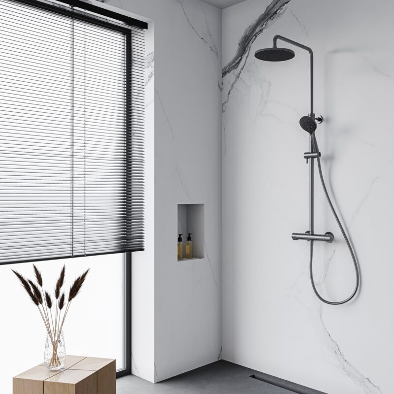 Flova Linea Thermostatic 2-Outlet Adjustable Height Shower Column Gun Metal