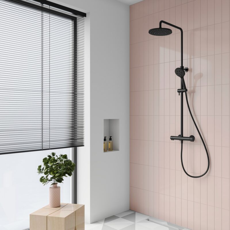Flova Linea Thermostatic 2-Outlet Adjustable Height Shower Column Matt Black
