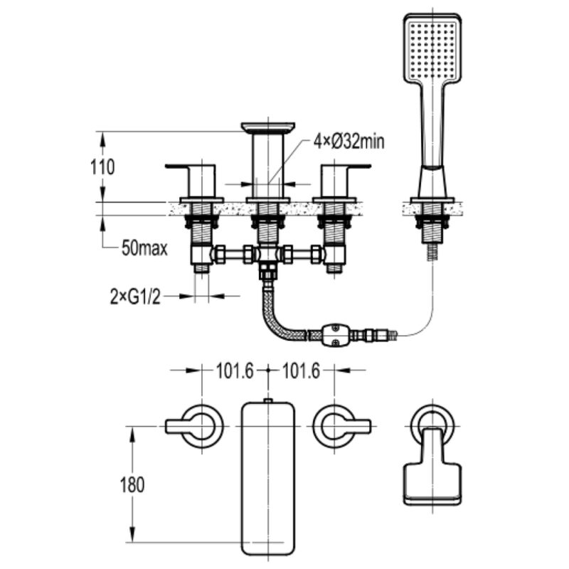 Flova Spring 4-Hole Deck Mounted Bath Shower Mixer