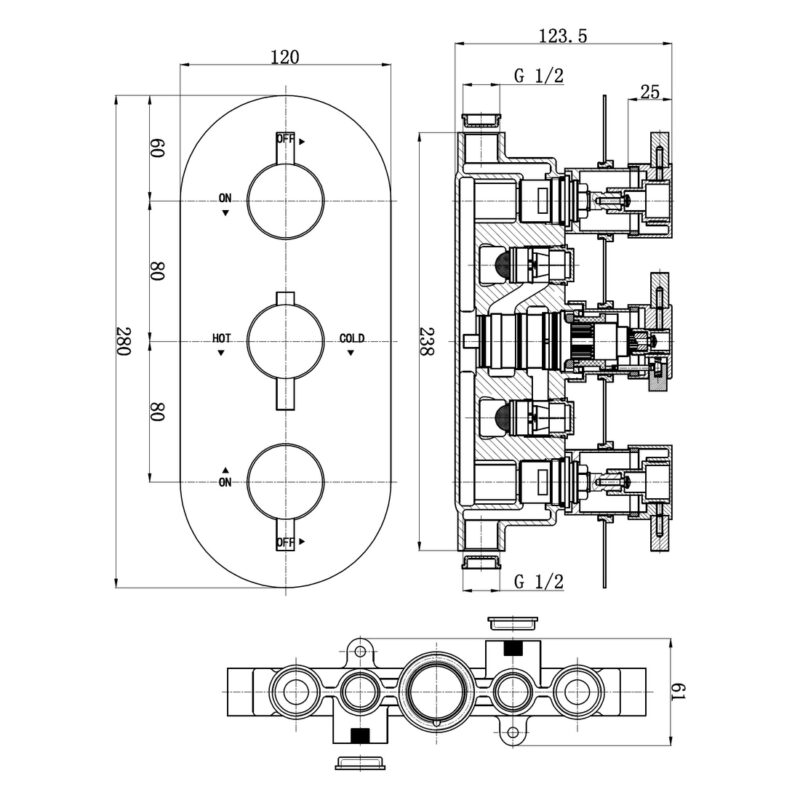 Aquaflow Italia Evoke Triple Concealed 2-Way Shower Valve