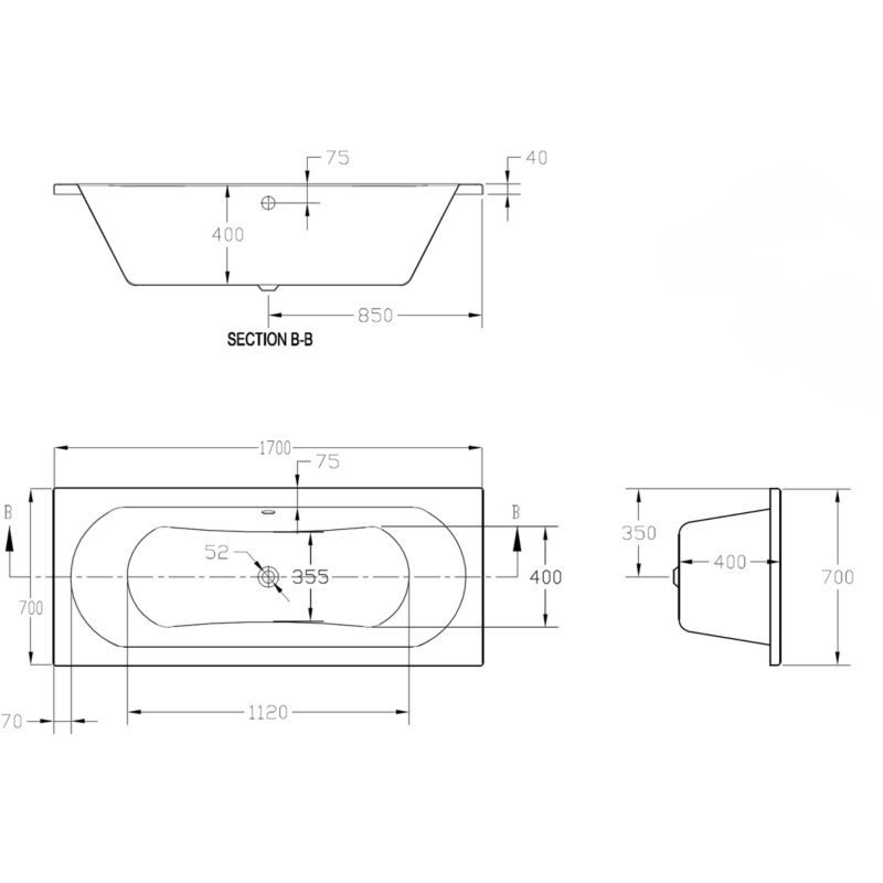 Aquabathe Duo 1700 x 700mm Double Ended Tungstenite Bath