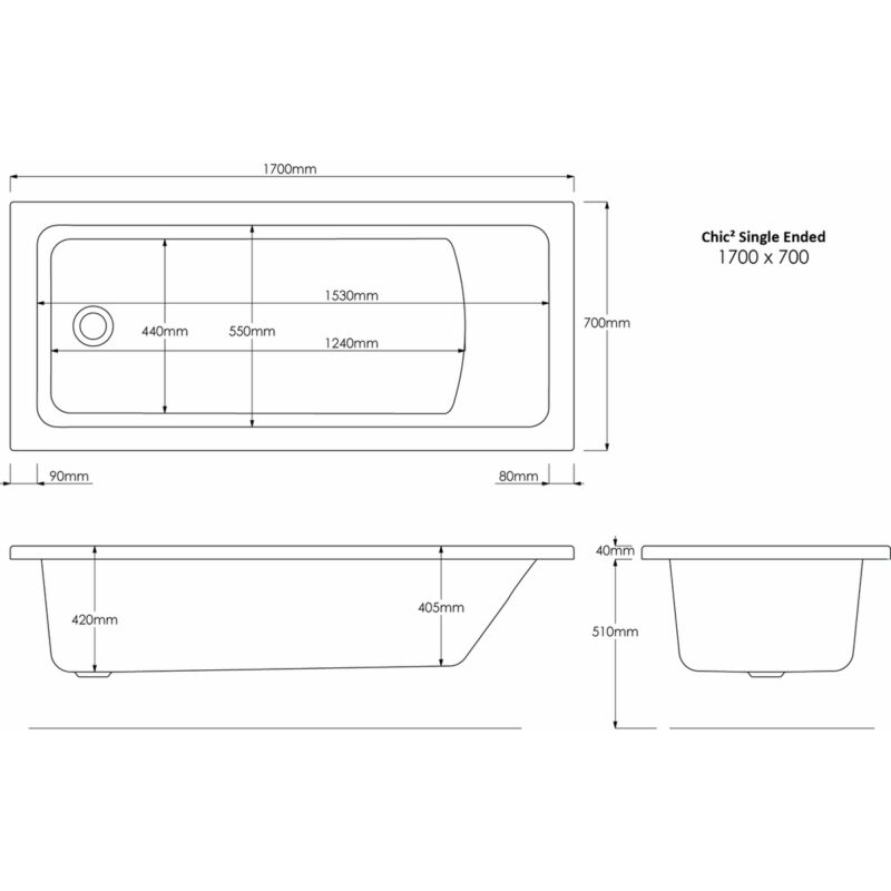 Aquabathe Chic2 1700x700mm Tungstenite Bath