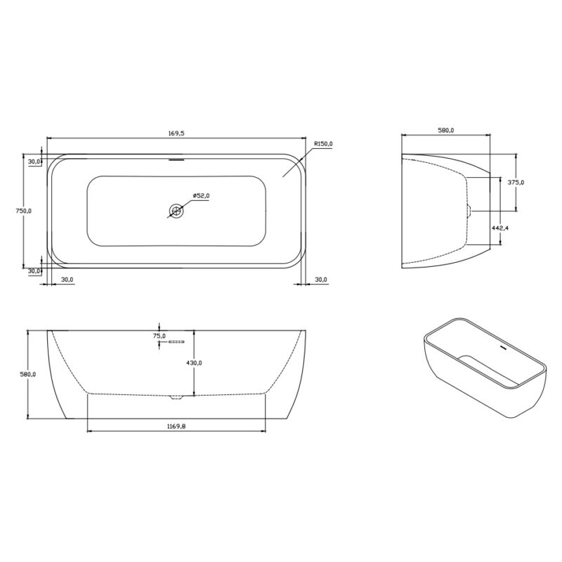Aqua Eco 1700x750mm Luxury Freestanding Bath