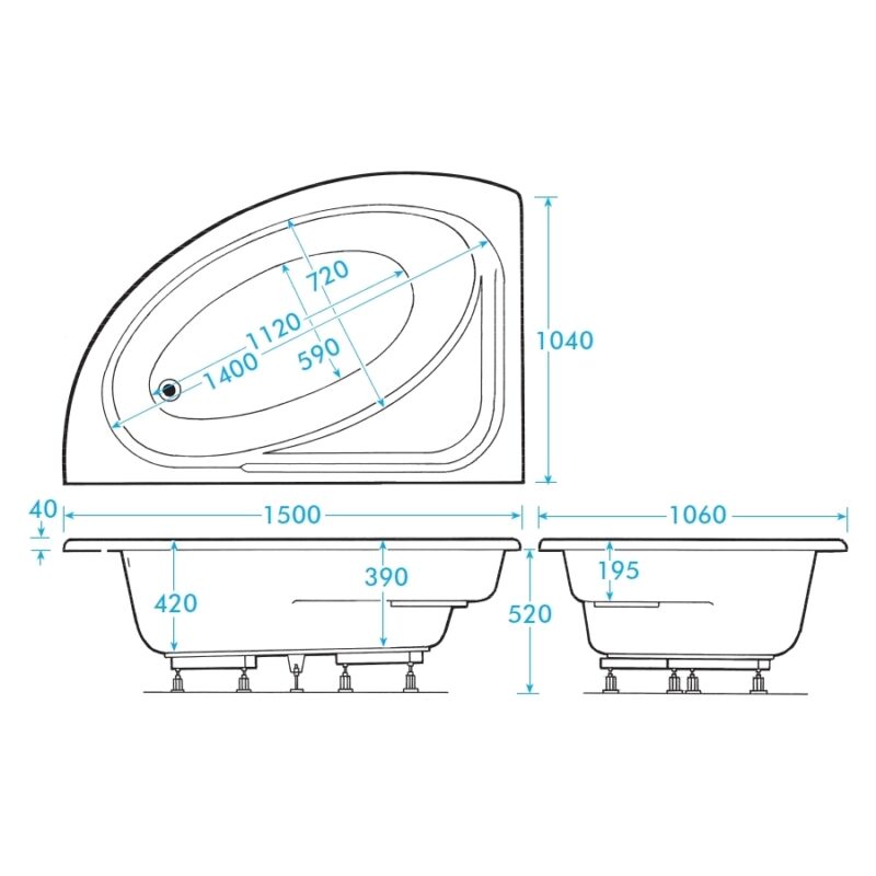 Aquabathe Orlah 1500 x 1040mm Offset Corner Tungstenite Bath RH
