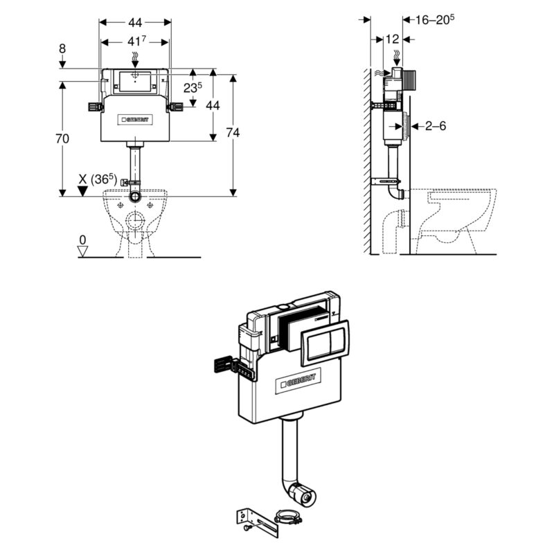 Geberit Alpha Concealed Cistern 12cm Depth & Alpha01 Square Flush Plate