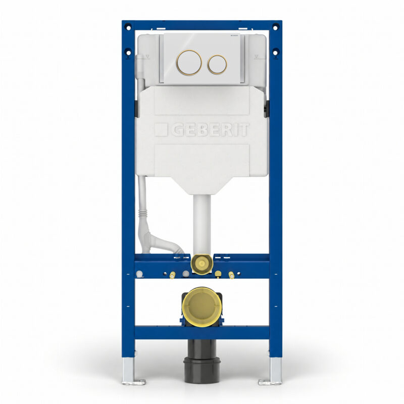 Geberit Sigma Frame & Cistern with Sigma20 Round Flush Plate White/Gold Geberit Sigma Frame & Cistern with Sigma20 Round Flush Plate White/Gold