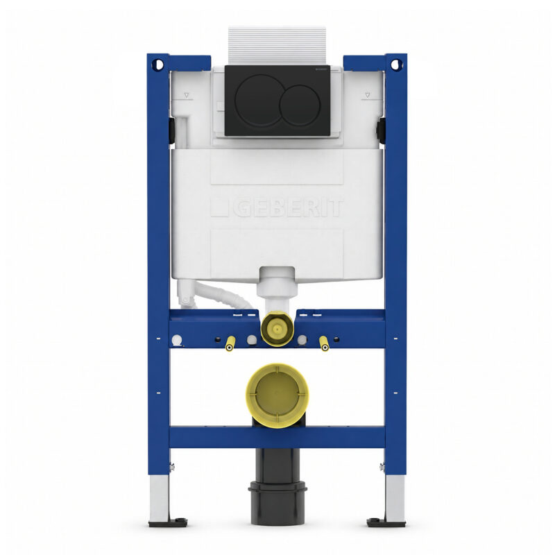 Geberit Alpha 82cm Frame & Cistern with Matt Black Round Flush Plate Geberit Alpha 82cm Frame & Cistern with Matt Black Round Flush Plate