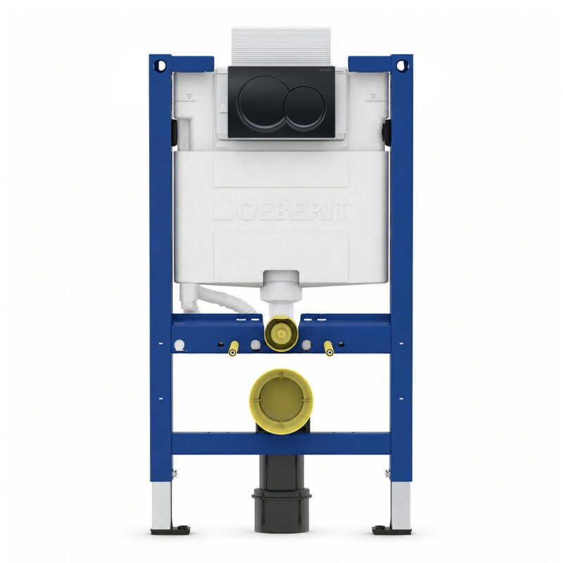 Geberit Alpha 82cm Frame & Cistern with Black Chrome Round Flush Plate