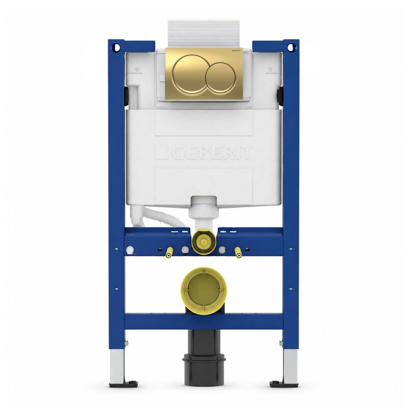 Geberit Alpha 82cm Frame & Cistern with Brass Round Flush Plate Geberit Alpha 82cm Frame & Cistern with Brass Round Flush Plate